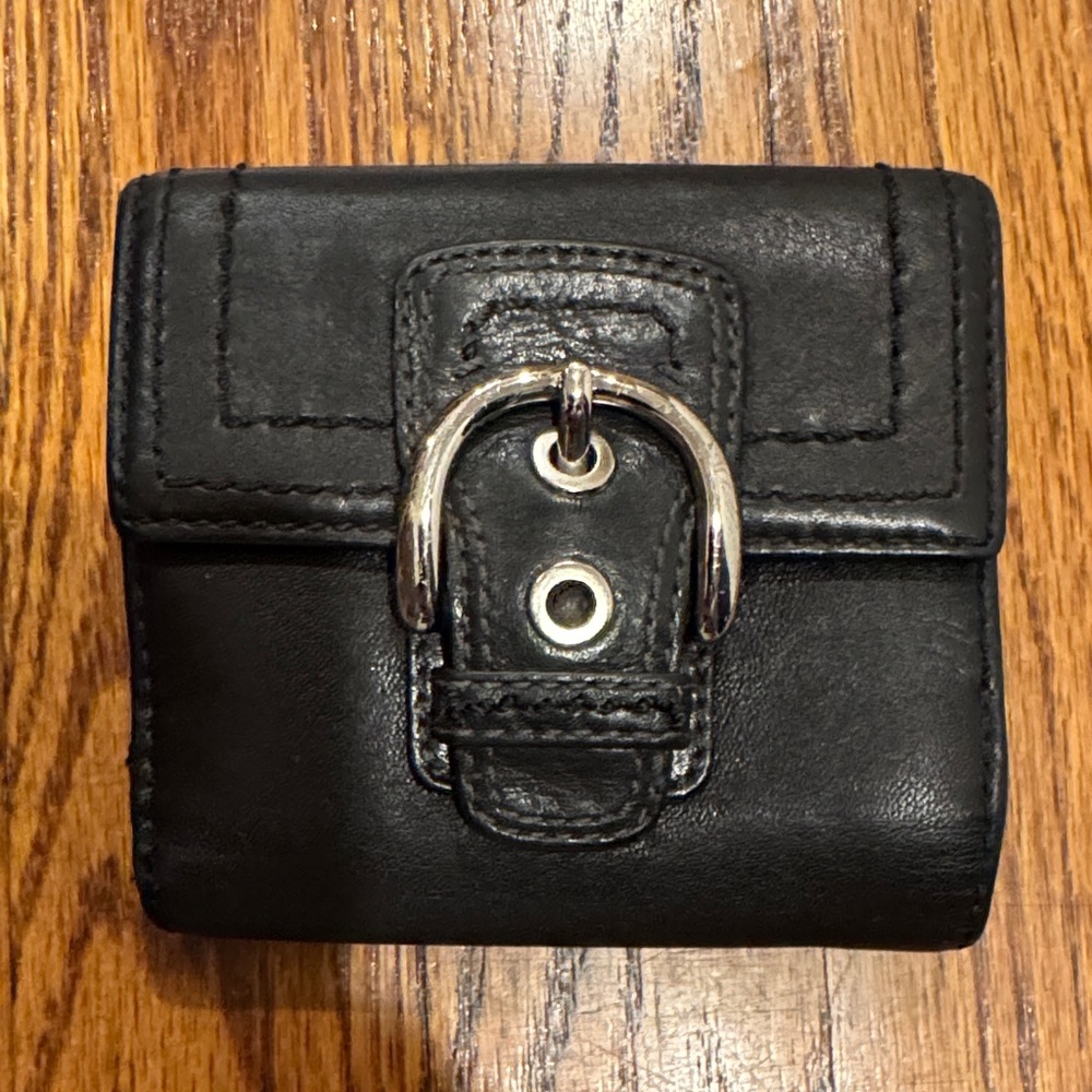 Coach Black Leather Tri-Fold Wallet with Silver Buckle